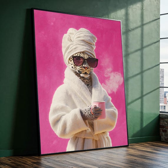 Playful Leopard In Bathrobe And Sunglasses Canvas Painting Ready To Hang Gift Boho Wall Art Whimsical Animal Decor