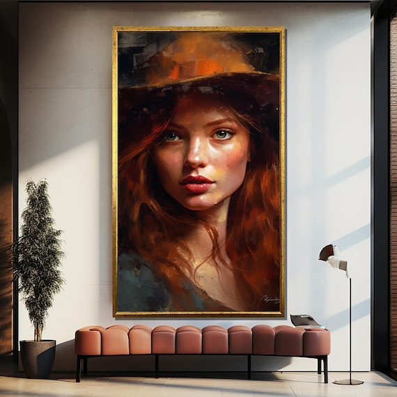 Moody Amber Painterly Redhead Woman Portrait with Hat Wall Art