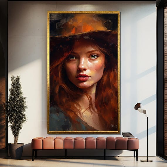 Redhead Woman Canvas Painting Abstract Portrait Wall Art Ready To Hang Modern Home Decor Elegant
