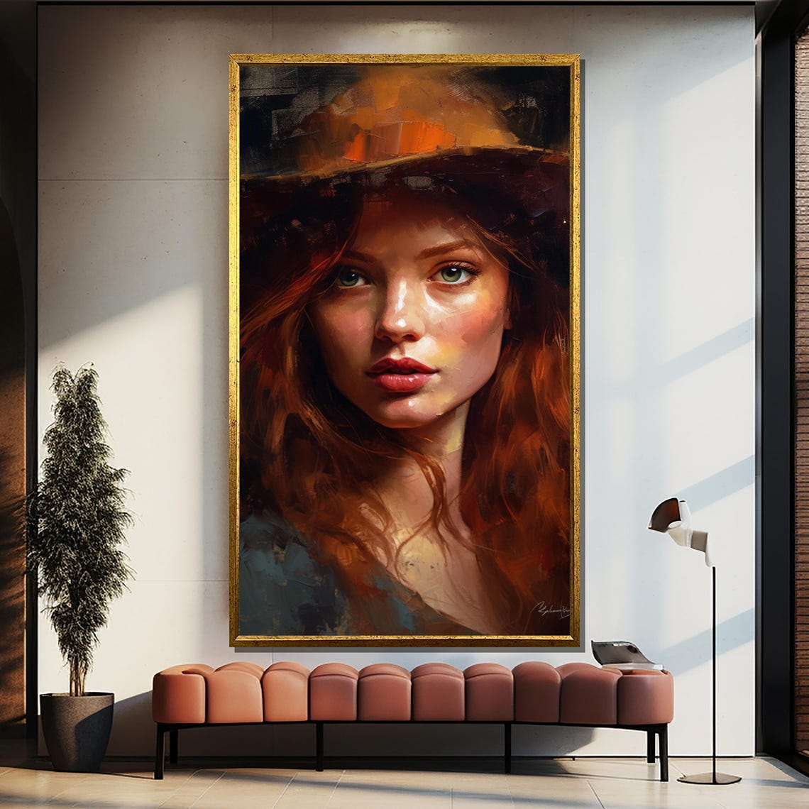 Redhead Woman Canvas Painting Abstract Portrait Wall Art Ready To Hang Modern Home Decor Elegant