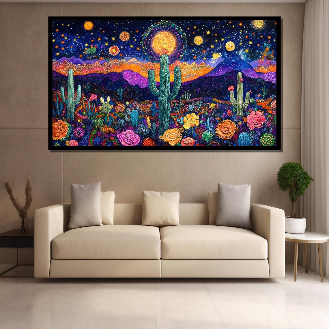 Starry Night Desert Saguaro Cactus Blooming Flowers Colorful Art Poster - Image 3
