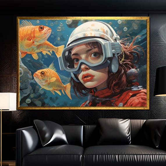 Underwater Girl Scifi Portrait Canvas Futuristic Diver With Golden Fish And Retro Helmet For Bold Fantasy Wall Art Geeky Decor