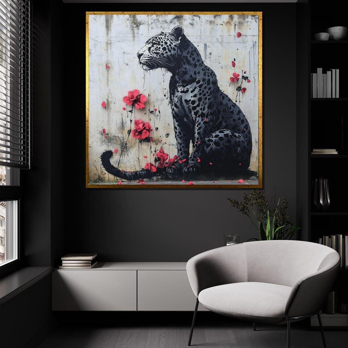 Wild Leopard with Red Poppies Stencil Street Art Floral Poster - Image 2