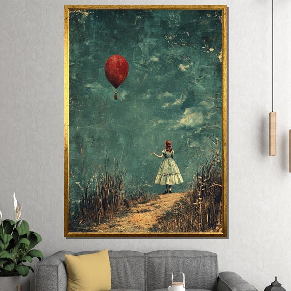 Girl And Balloon Canvas Painting Whimsical Vintage Wall Art With Red Hot Air Ready To Hang Gift For Dreamers