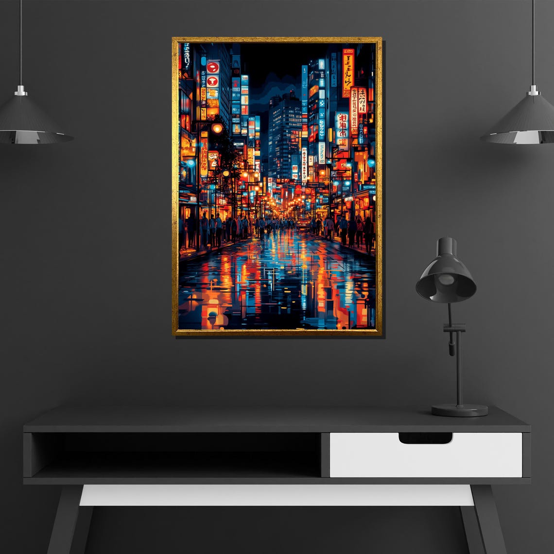 Tokyo Neon Street Night Rainy City Reflections Anime Style Poster - Image 2