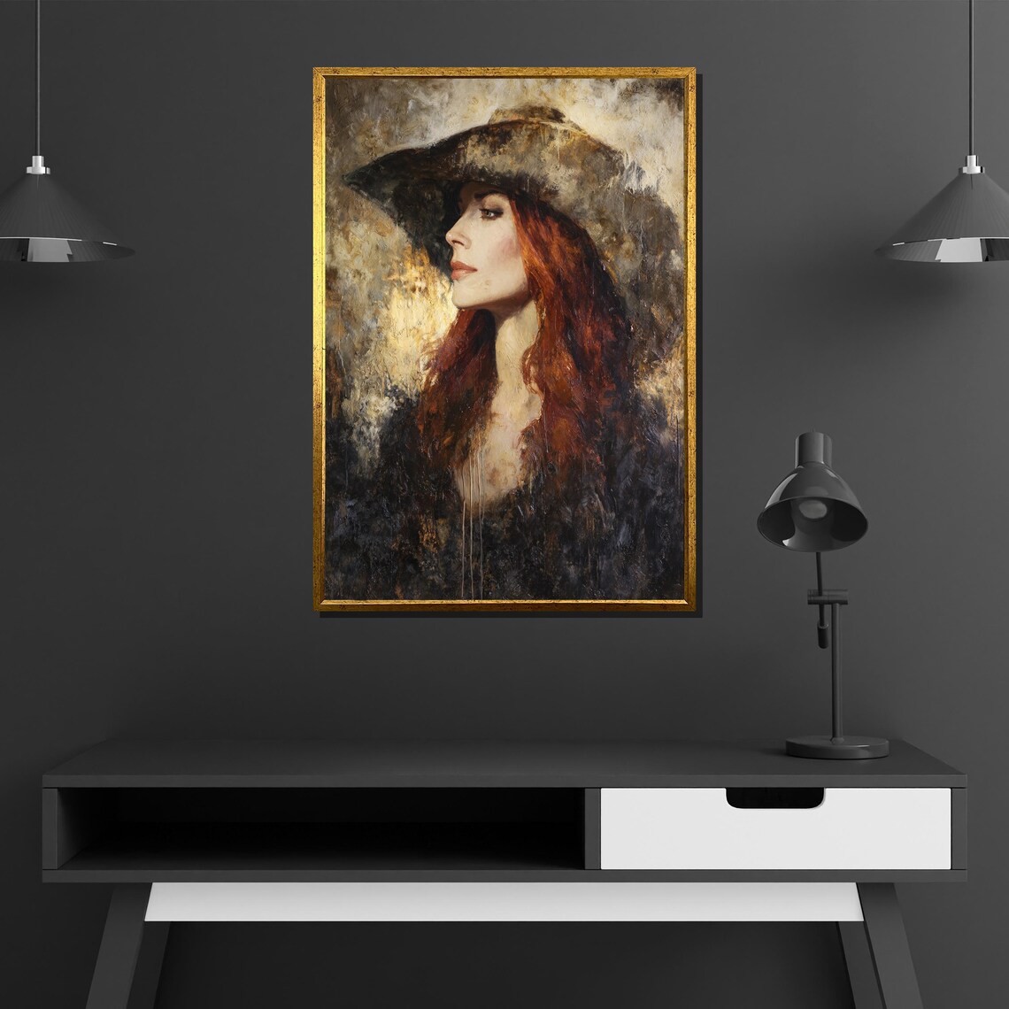 Redhead Beauty Wide Brim Hat Golden Light Oil Portrait Poster - Image 2