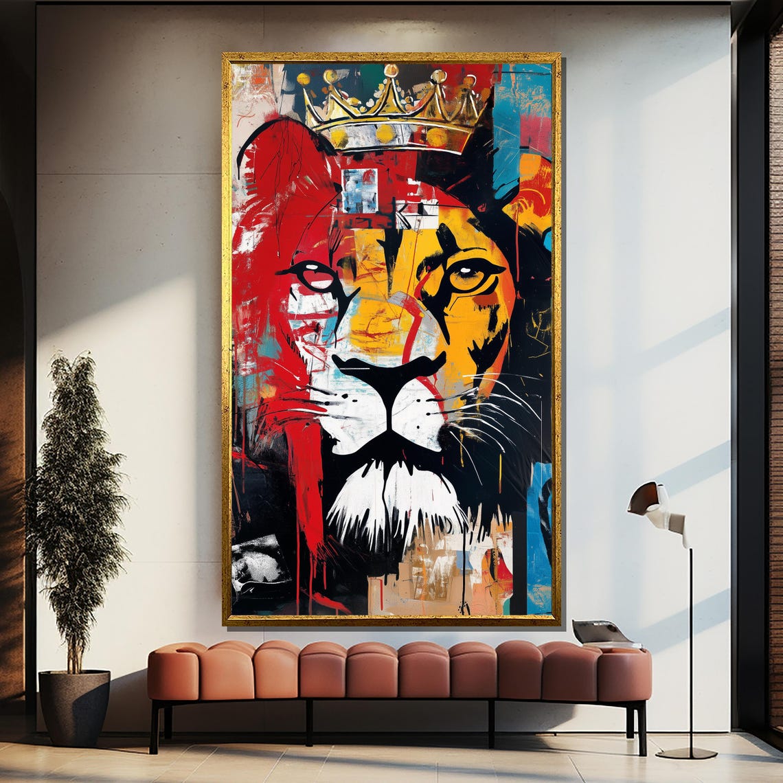 Crowned Lion Canvas Painting Bold Urban Jungle Wall Art Ready To Hang Gift For Powerful Decor Lovers