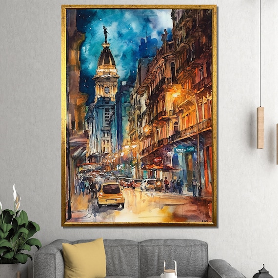 Madrid Gran Via Night Watercolor City Street Café Lights Poster