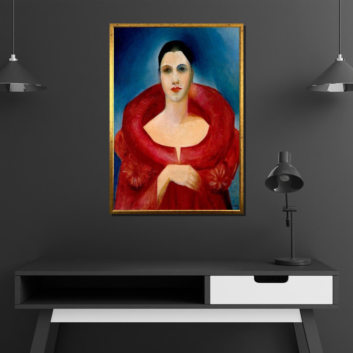 Woman in Red Coat Art Deco Style Portrait Bold Elegant Painting Poster - Image 4