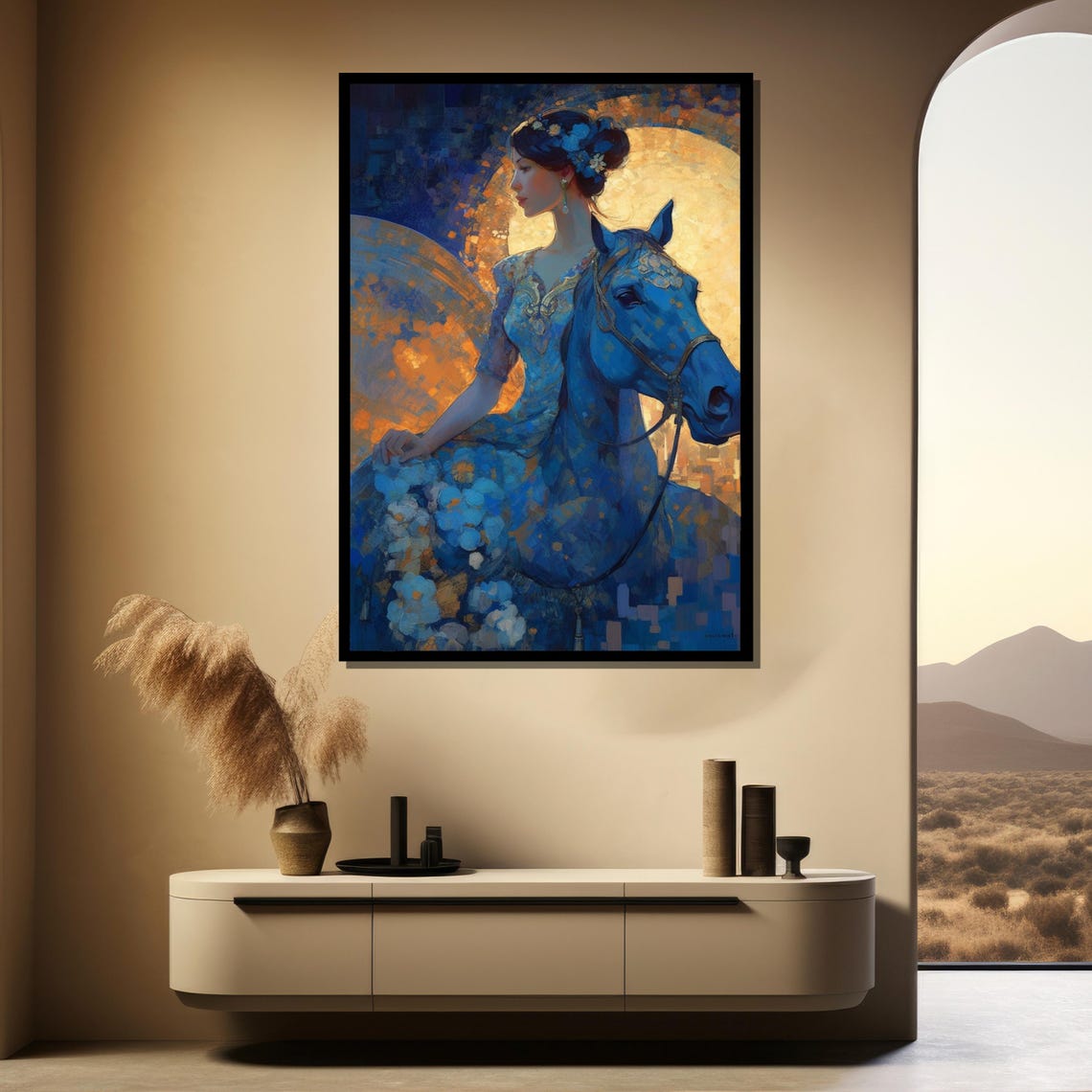 Fantasy Woman Riding Blue Horse Beneath Golden Moon Wall Art - Image 3