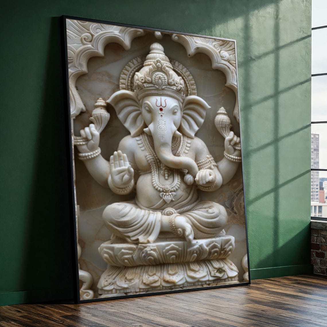 White Marble Ganesha Statue Carved Temple Sacred Sculpture Poster