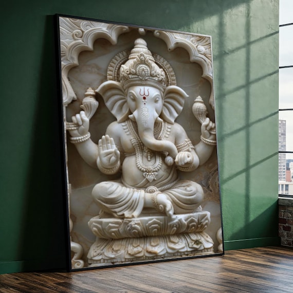 White Marble Ganesha Statue Carved Temple Sacred Sculpture Poster