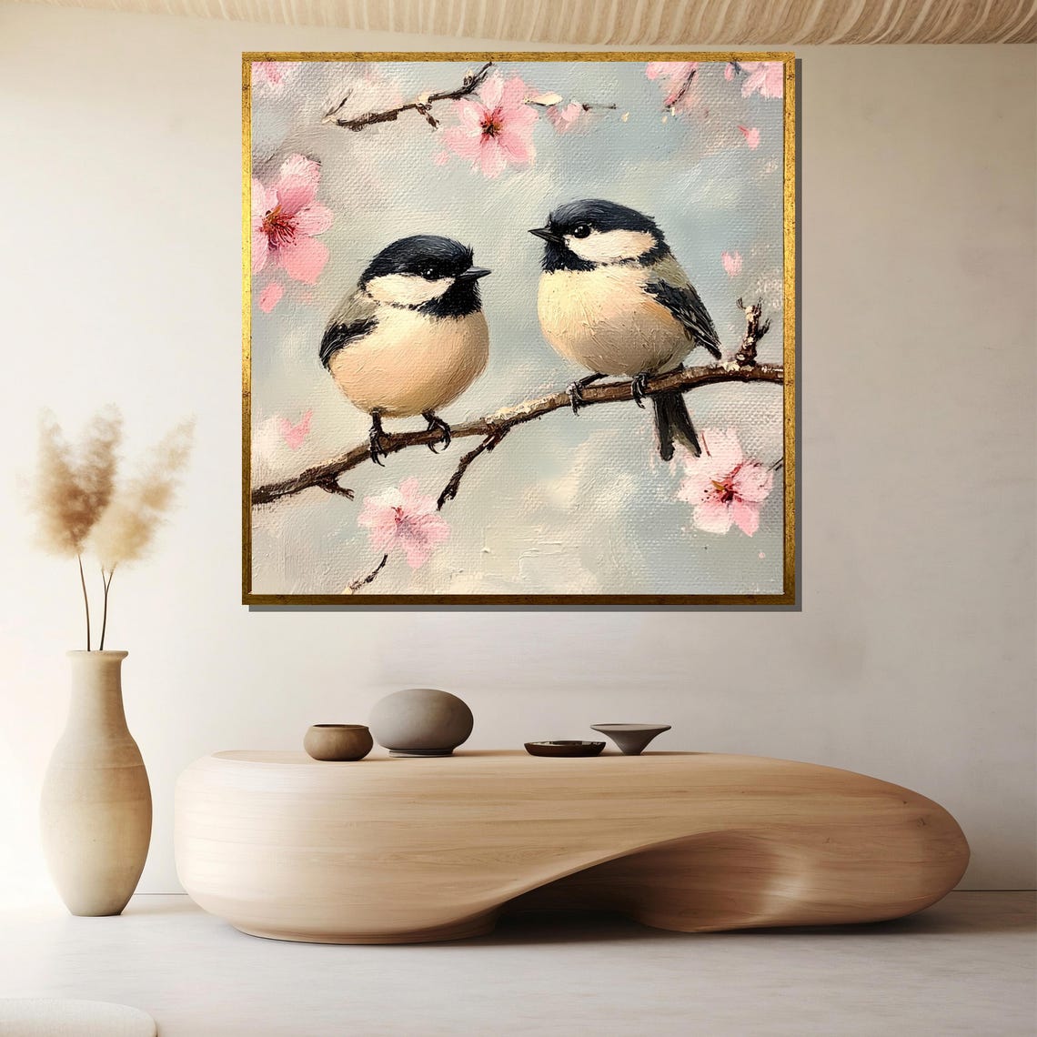 Sweet Chickadee Pair Cherry Blossom Branch Spring Birds Poster - Image 2