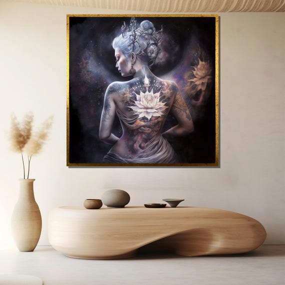 Mystic Goddess With Tattoo Canvas Spiritual Cosmic Woman Wall Art For Boho Fantasy Decor And Inspired Ethereal Room Design