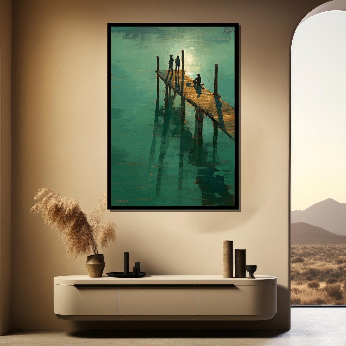 Silhouettes on Wooden Pier Above Glowing Teal Water Sunset Lake Painting Poster - Image 3