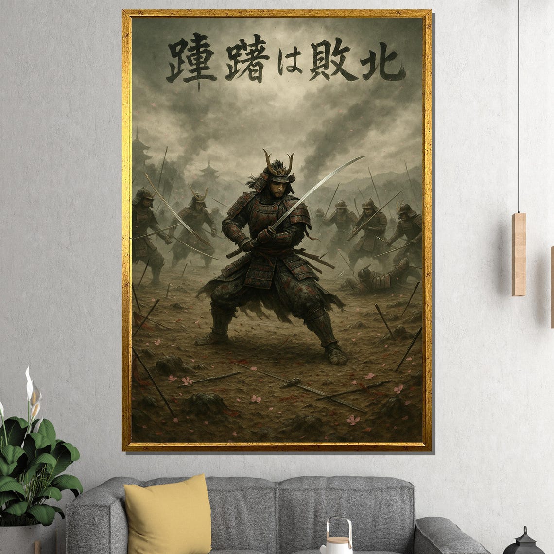 Samurai Warrior Drawing Katana Battle Stance Kanji Calligraphy Poster