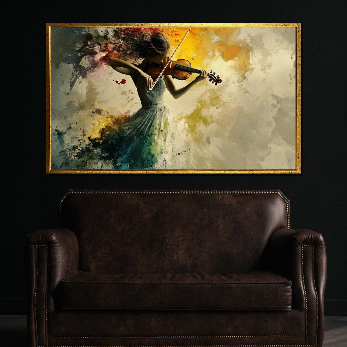 Woman Playing Violin In Golden Hues Dynamic Expressive Art Poster