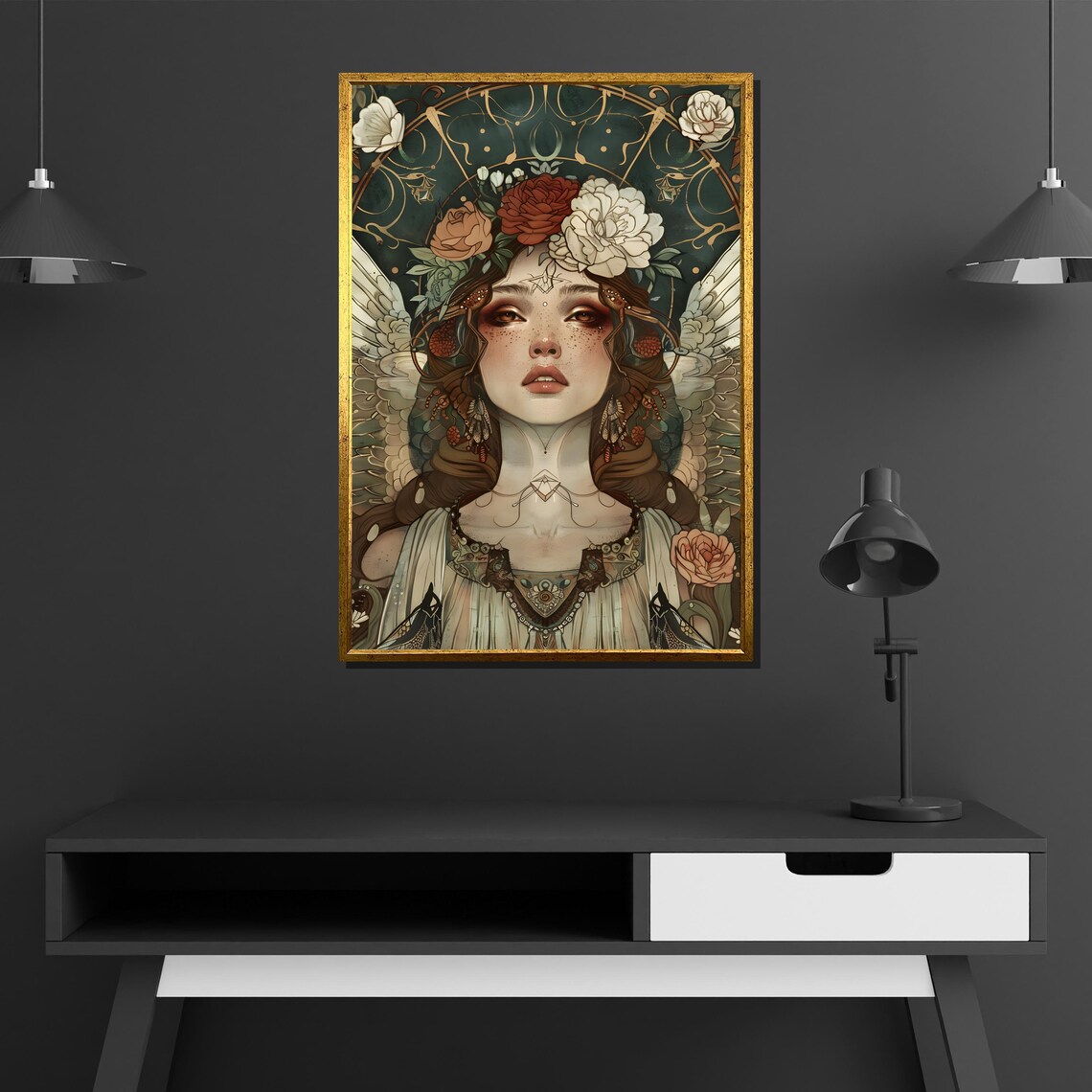 Fantasy Goddess Angelic Woman With Floral Crown Dark Botanical Poster - Image 4