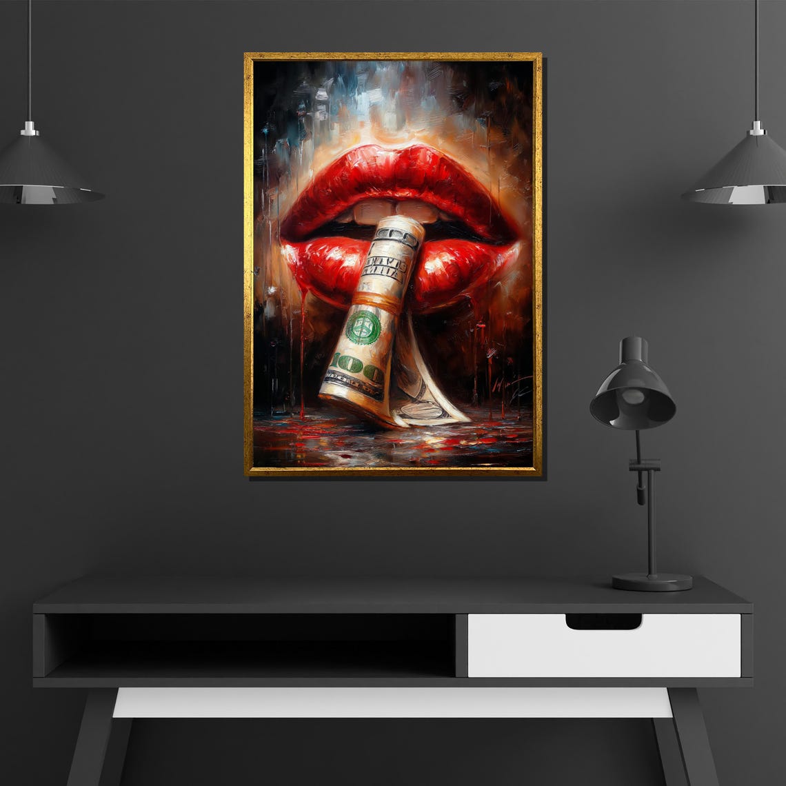 Red Lips Holding Hundred Dollar Bill Pop Art Money Style Poster - Image 4