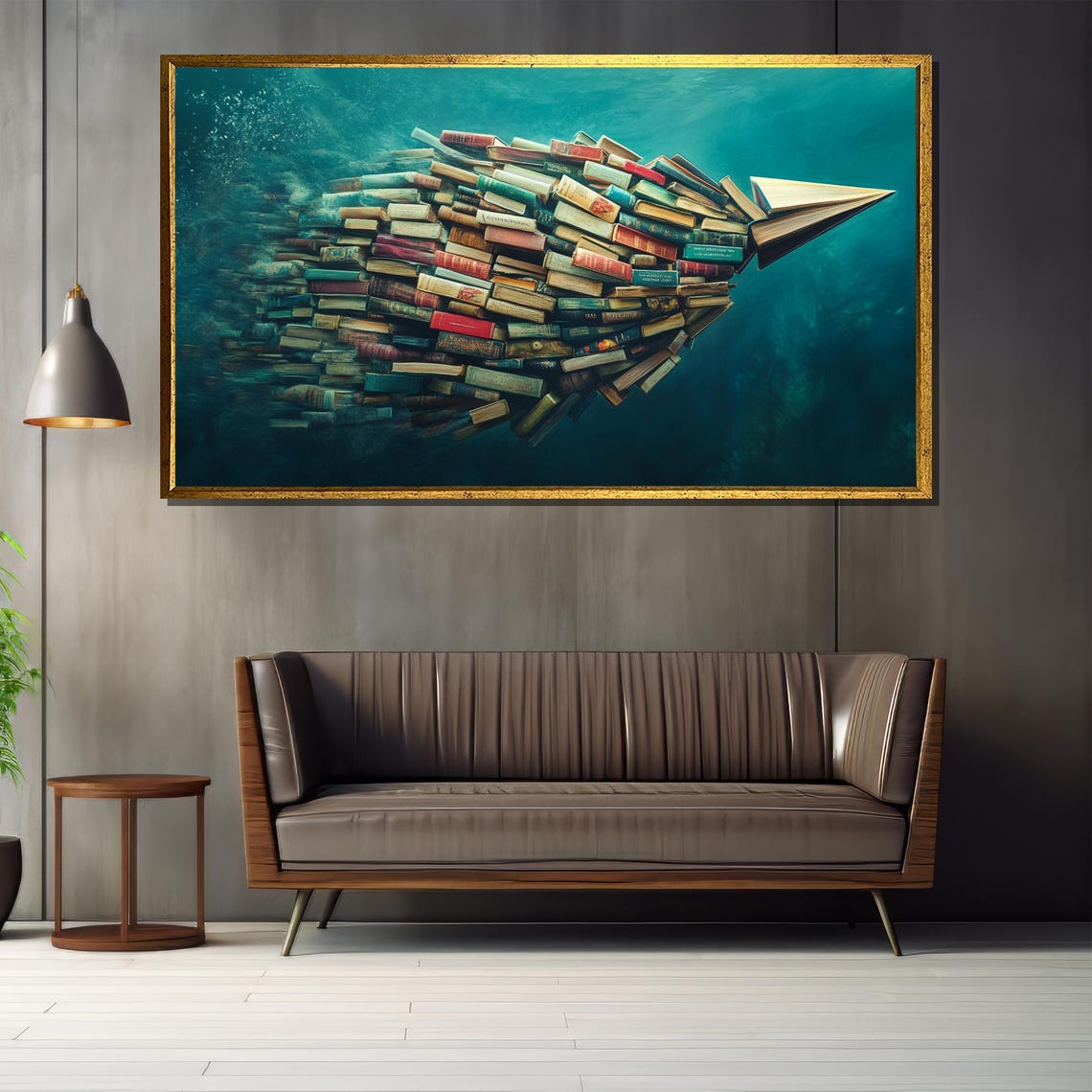 Surreal Underwater Arrow Made of Books Teal Ocean Knowledge Art Poster - Image 4