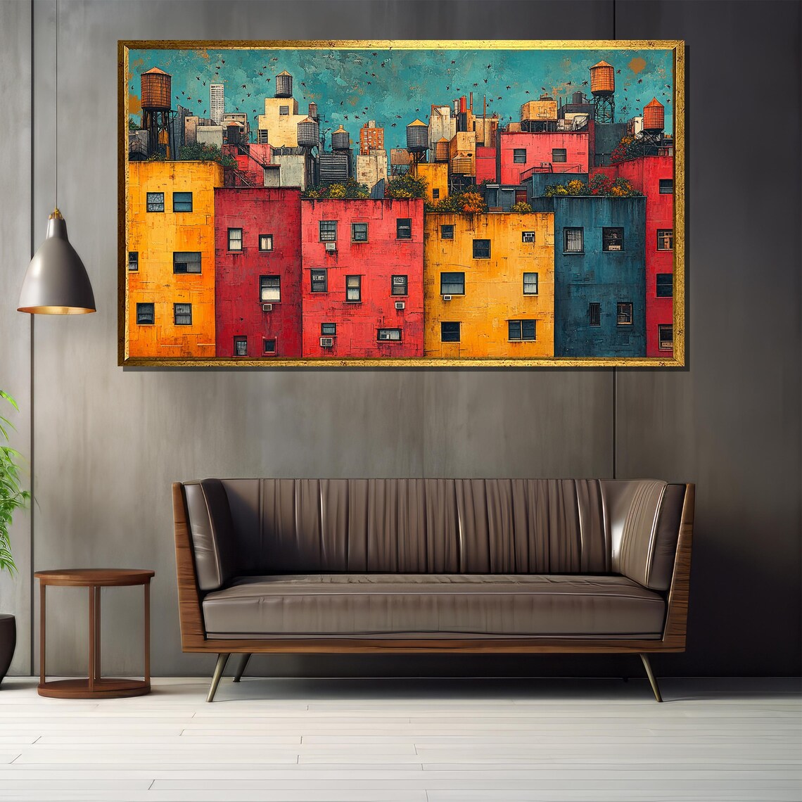 Colorful Urban Rooftop Cityscape Water Towers Modern Architecture Poster - Image 4