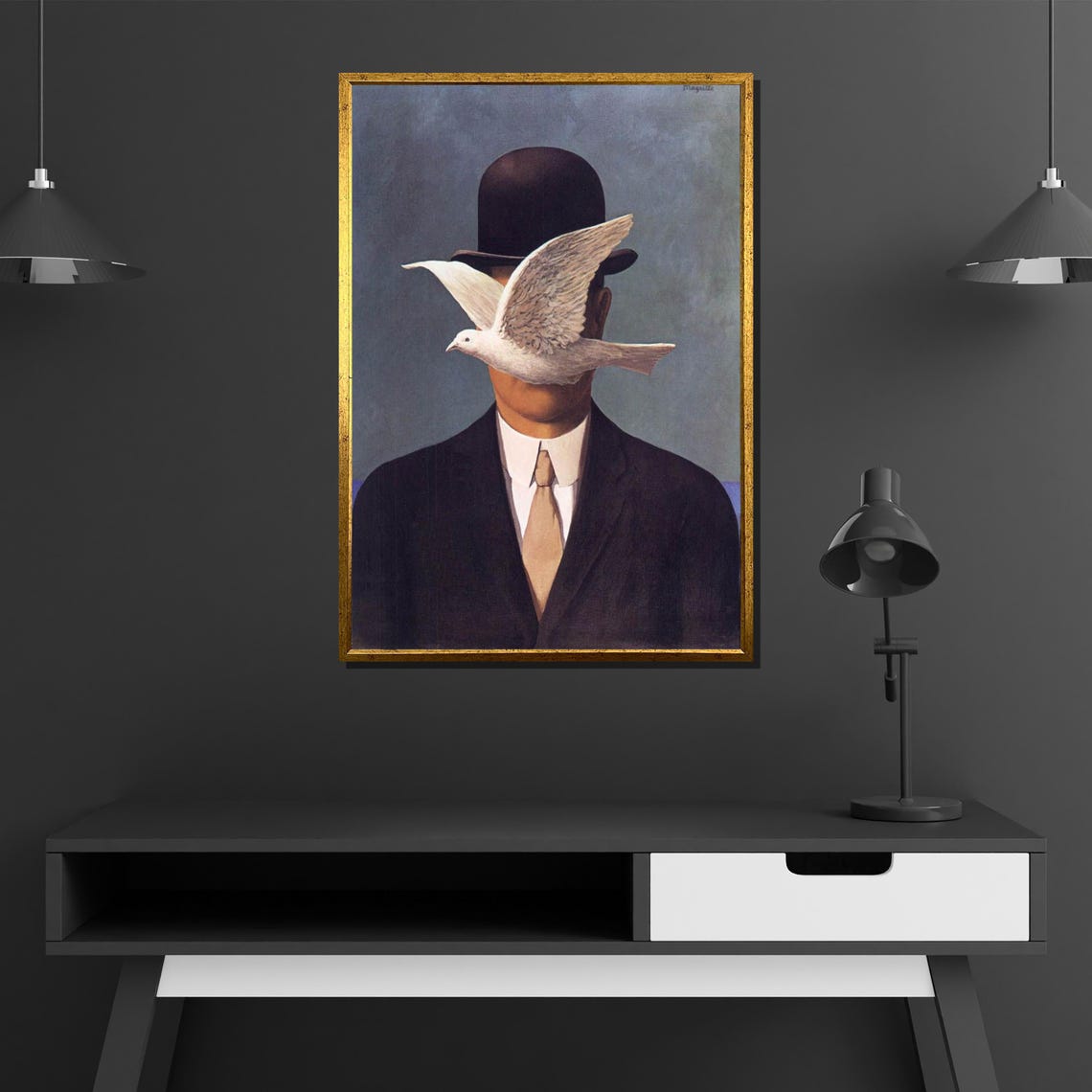 Surreal Man in Bowler Hat White Dove Magritte Style Painting Poster - Image 4