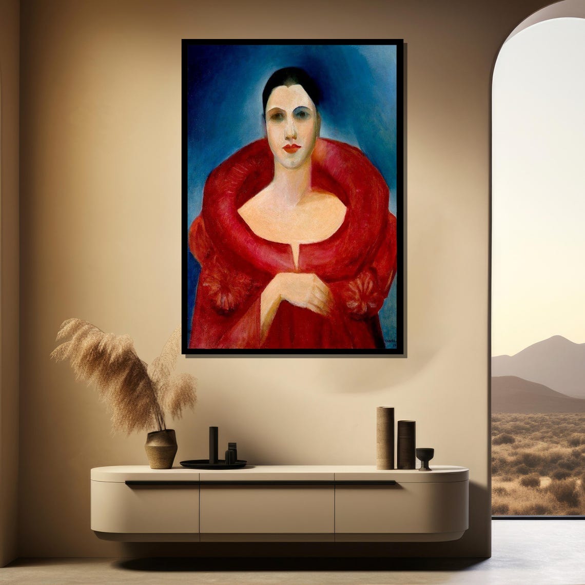 Woman in Red Coat Art Deco Style Portrait Bold Elegant Painting Poster - Image 3