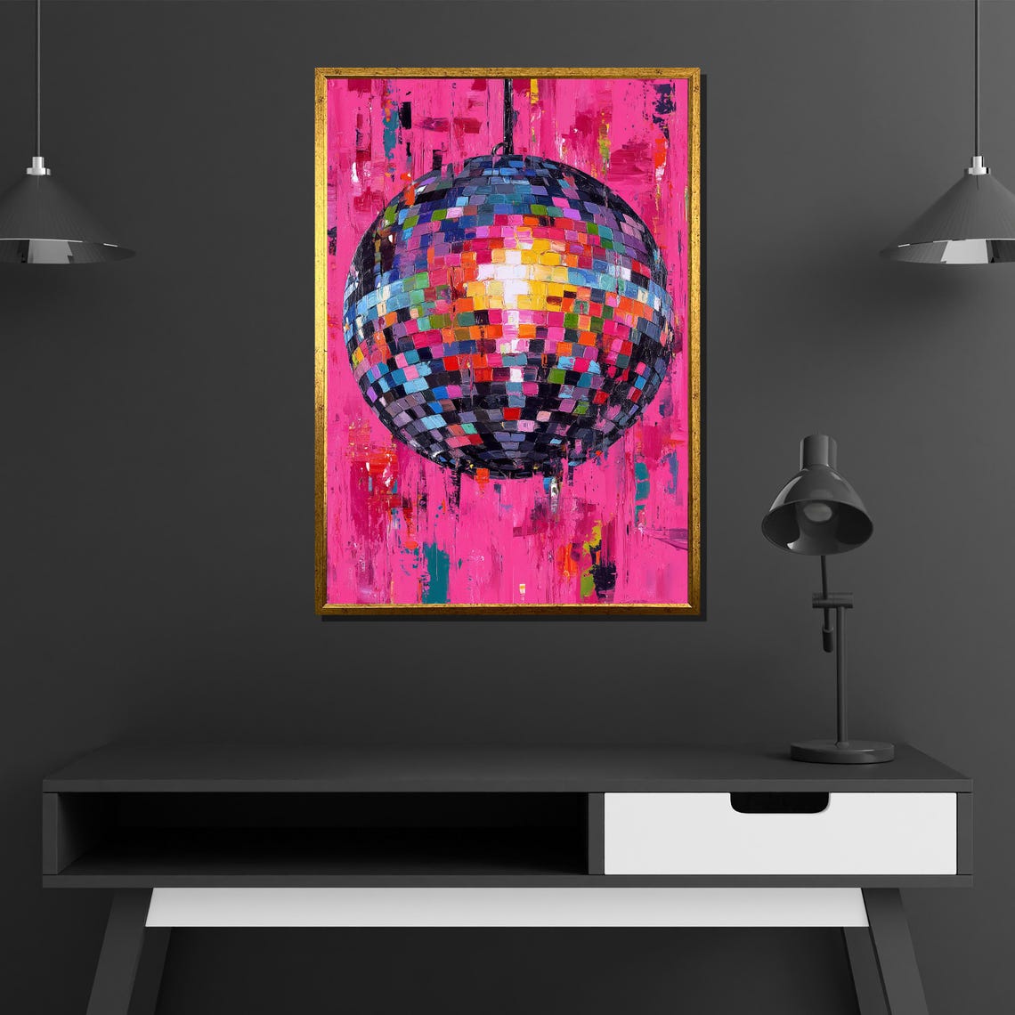 Colorful Disco Ball on Hot Pink Abstract Retro Party Painting Poster - Image 4