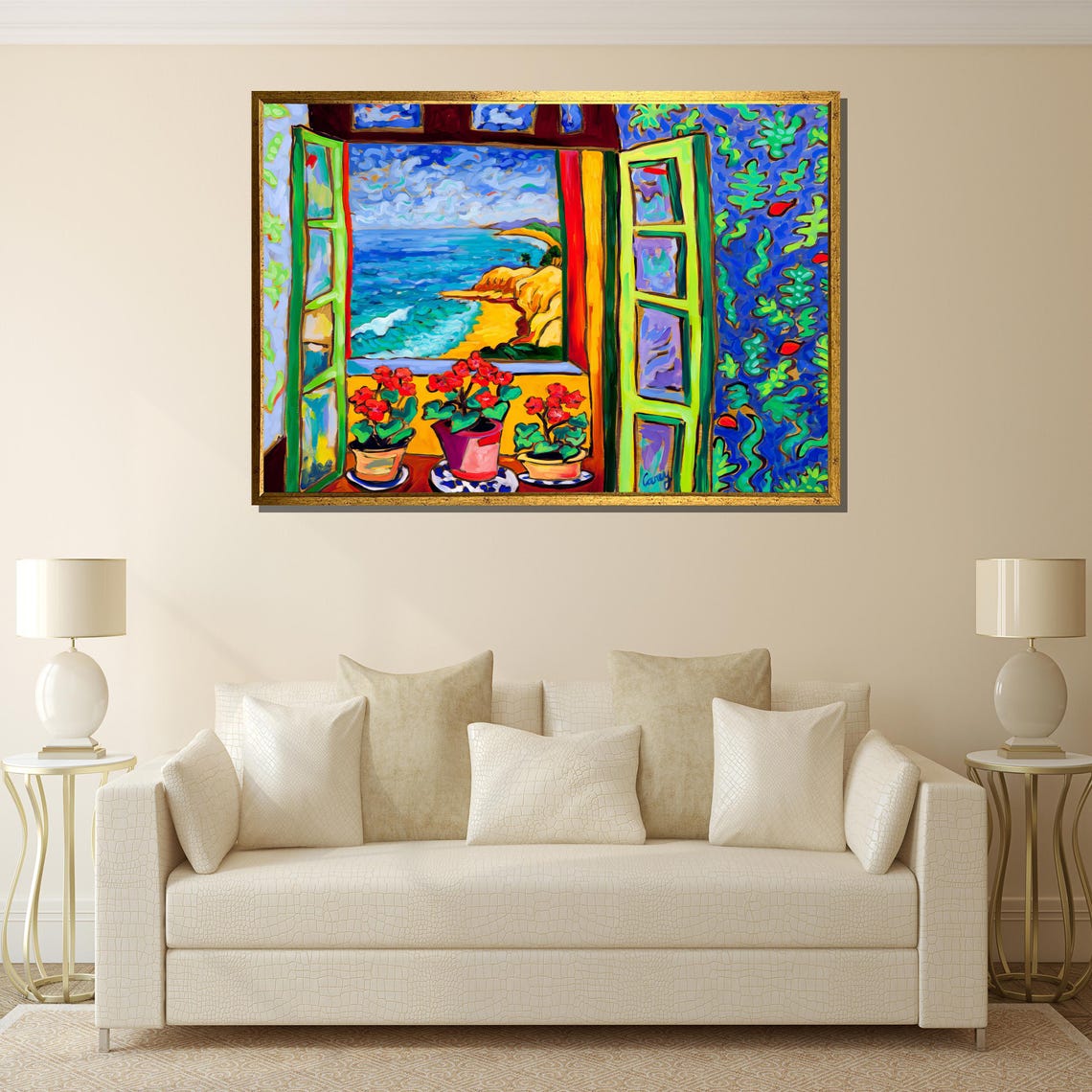 Colorful Coastal Window Scene With Red Geraniums Matisse Style Poster - Image 3