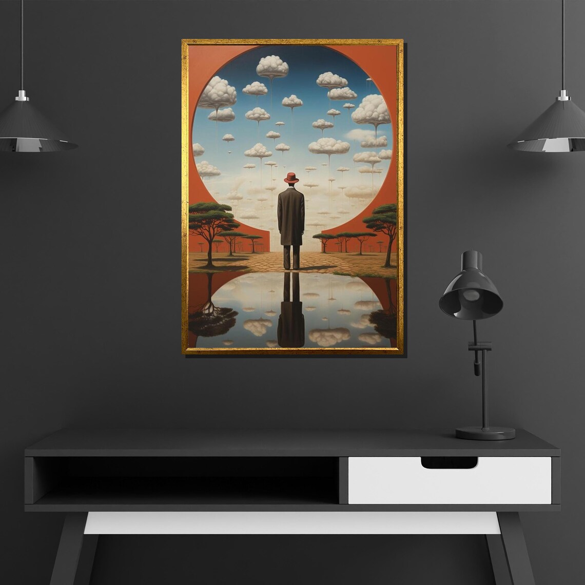 Rene Magritte Style Man Red Bowler Hat Cloud Tree Reflection Art Poster - Image 4