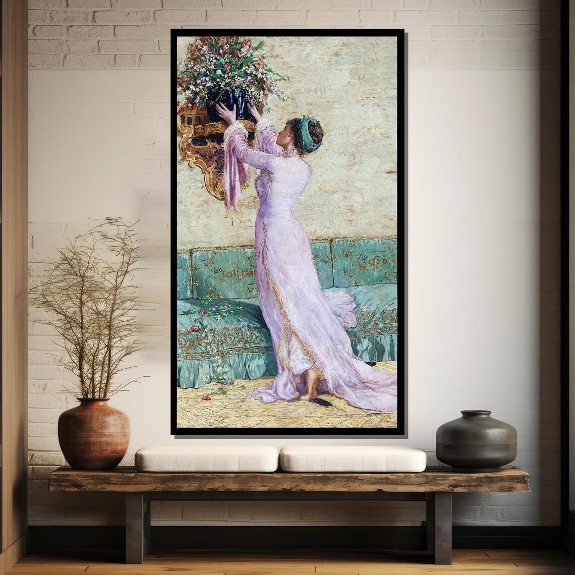 Elegant Lady in Pink Gown Arranging Flowers Victorian Interior Poster - Image 3