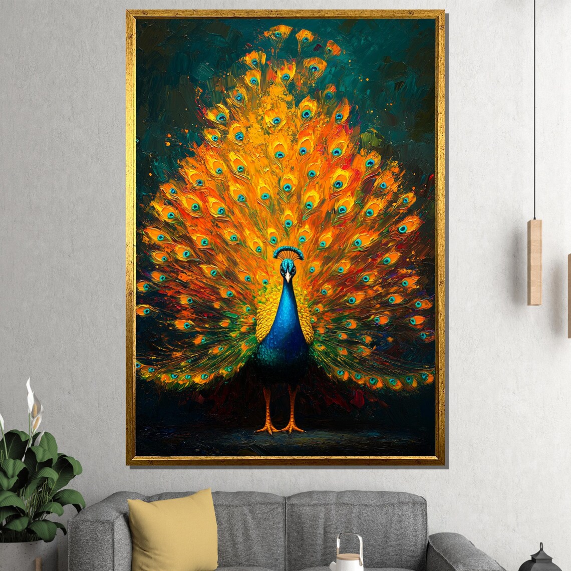 Majestic Golden Peacock Fanned Tail Impasto Painting Vibrant Poster - Image 2