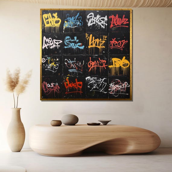 Graffiti Tag Grid Canvas Painting Urban Street Wall Art Ready To Hang Bold Gift For Hip Hop Lovers