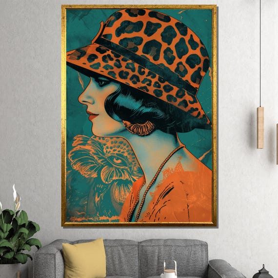 Retro Woman With Leopard Print Hat Canvas Painting Bold Vintage Wall Art Unique Fashion Gift For Living Room Studio Or Creative Space