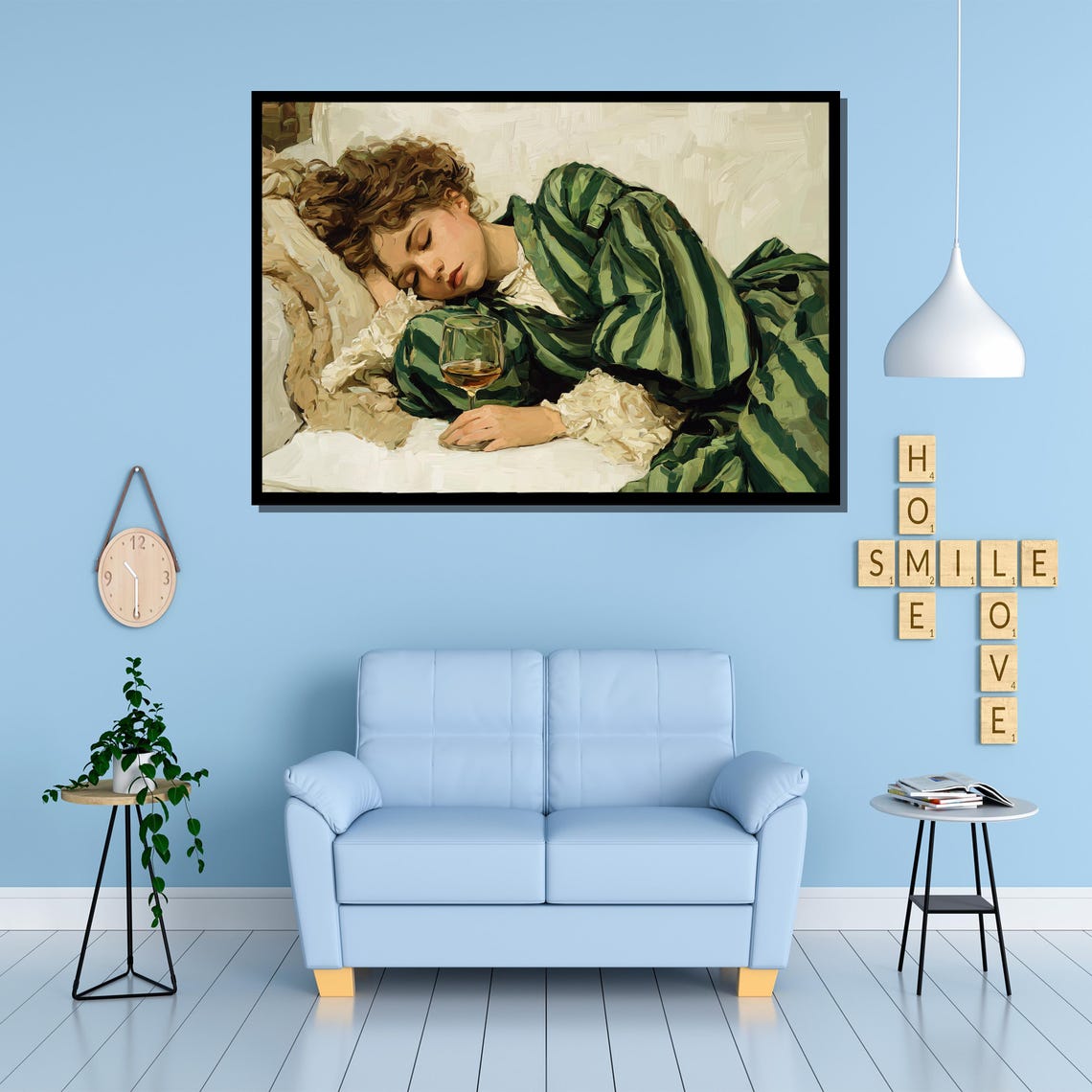 Woman Sleeping With Wine Glass Green Robe Vintage Style Poster - Image 3