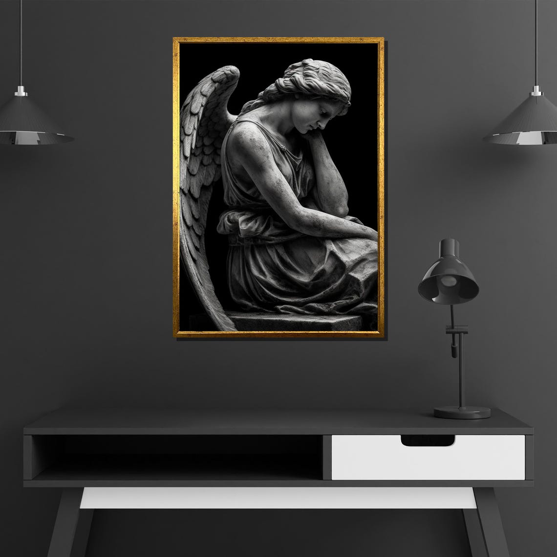 Guardian Angel Statue Black White Vintage Cemetery Sculpture Poster - Image 4