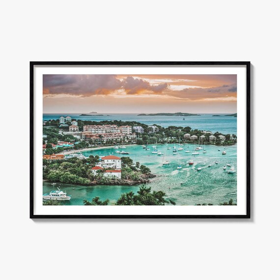 Saint Thomas Harbor Sailboats Tropical Sunset Caribbean Island Print