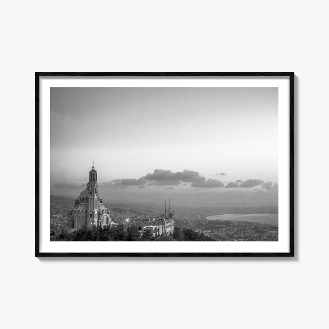 Lebanon Harissa Shrine Bay Overlook Black White Photo Poster