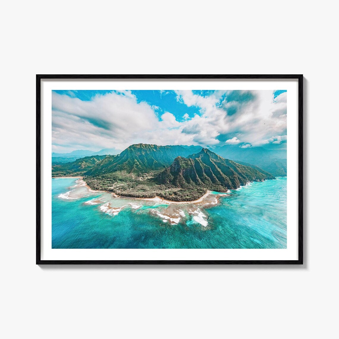 Kauai Hawaii Aerial Coastline Mountain Turquoise Bay Photo Print