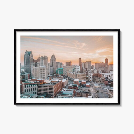 Detroit Michigan Skyline Sunset Downtown Cityscape Photography Poster