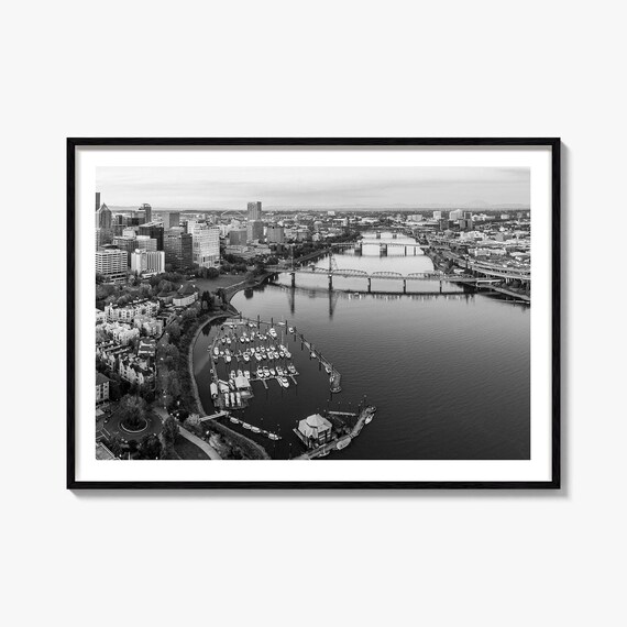 Portland Oregon Black White Skyline River Marina Photo Poster
