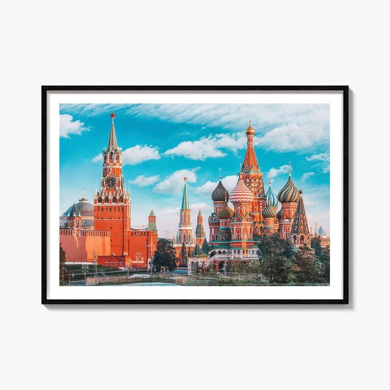 Moscow Russia St Basils Cathedral Red Square Bright Blue Sky Poster