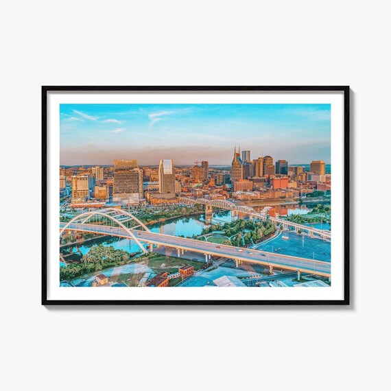 Nashville Tennessee Skyline River Bridges Sunset Aerial Photo Poster