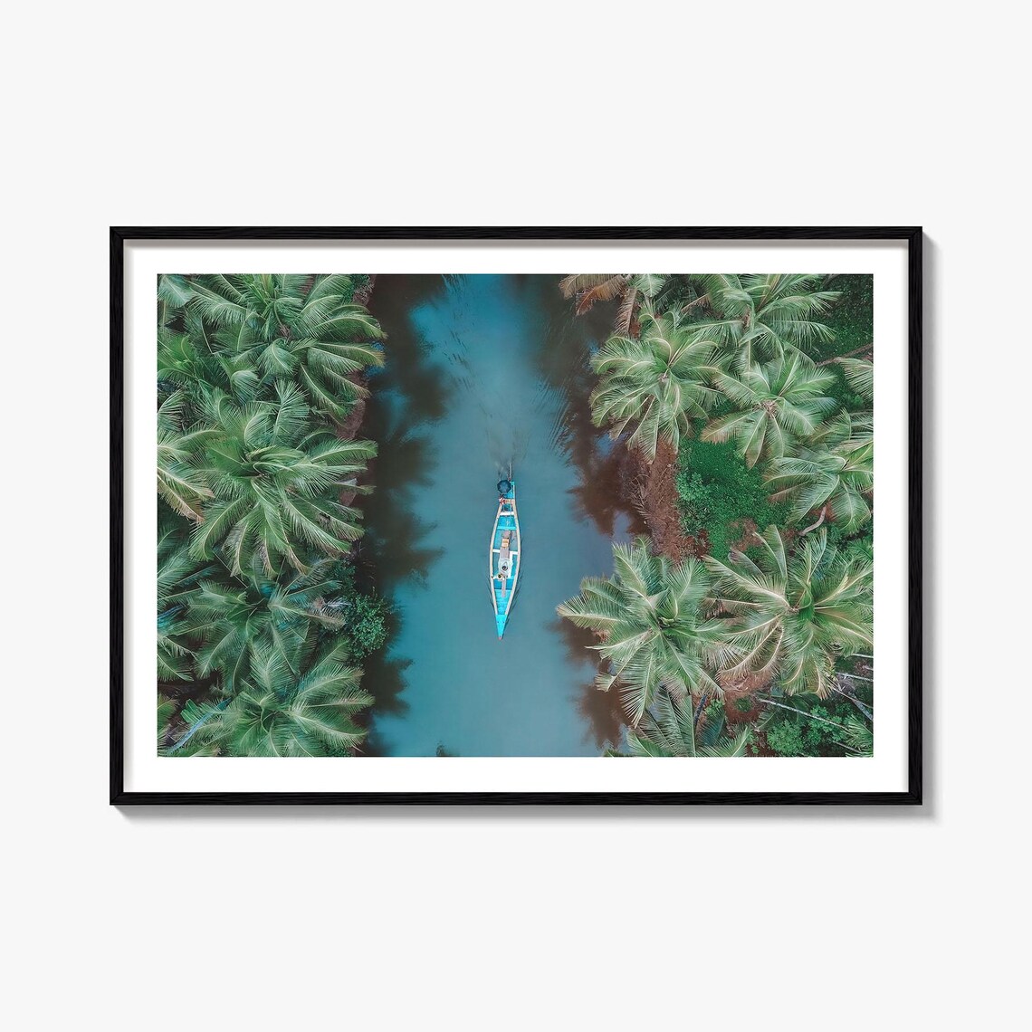 Aerial Boat Gliding Through Palm Tree River Tropical Photo Poster