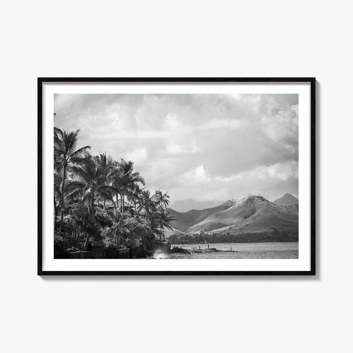 Hawaii Palm Beach Mountains Black and White Coastal Ocean Poster
