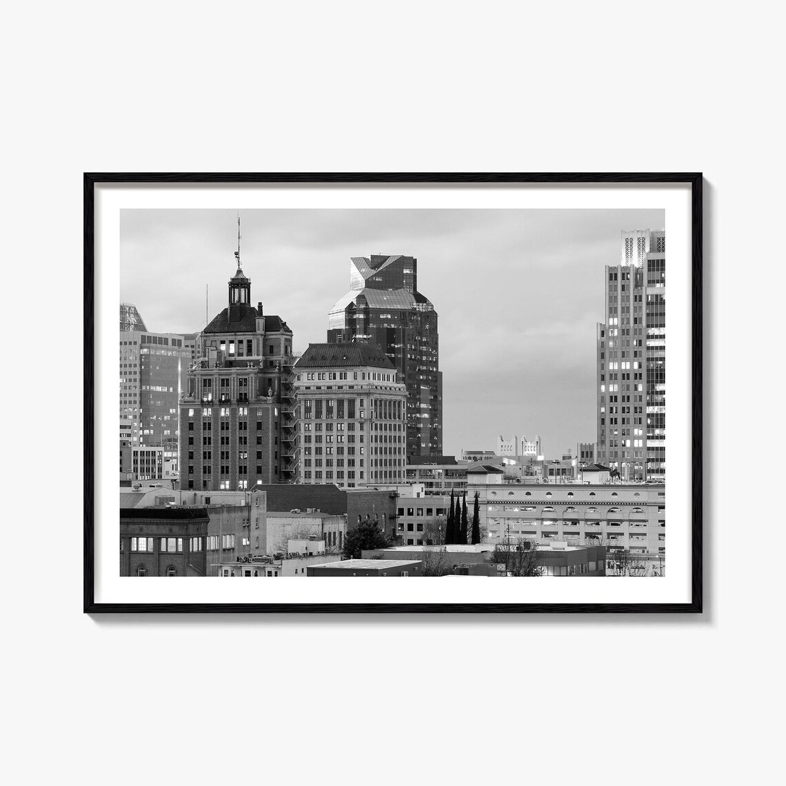Sacramento California Downtown Skyline Black and White Photography Poster