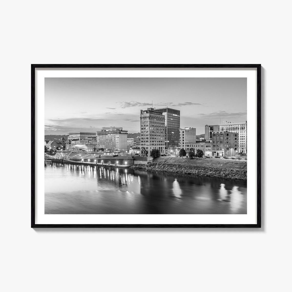West Virginia City Skyline On The River Black And White Poster