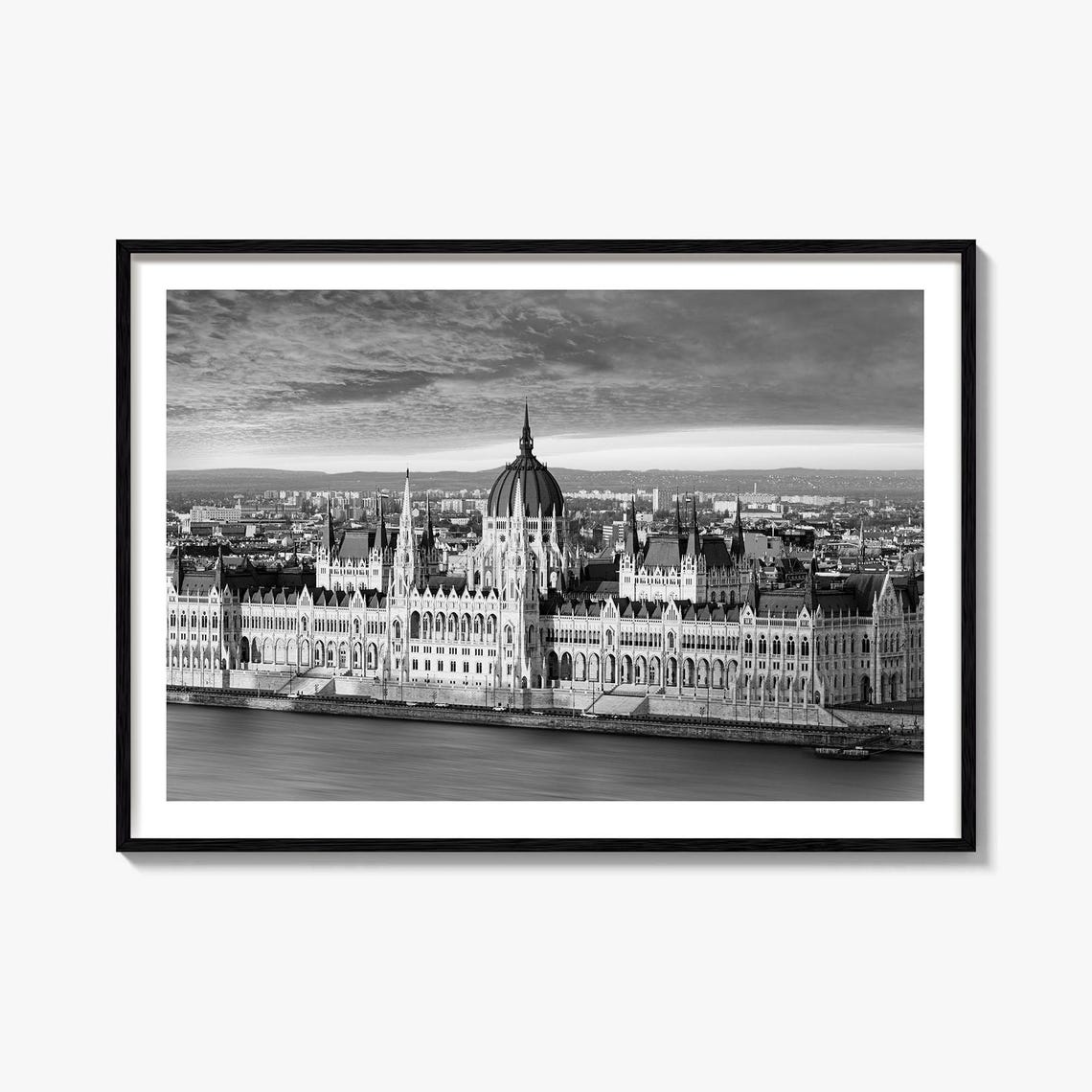 Budapest Hungary Parliament Building Black and White Danube Poster