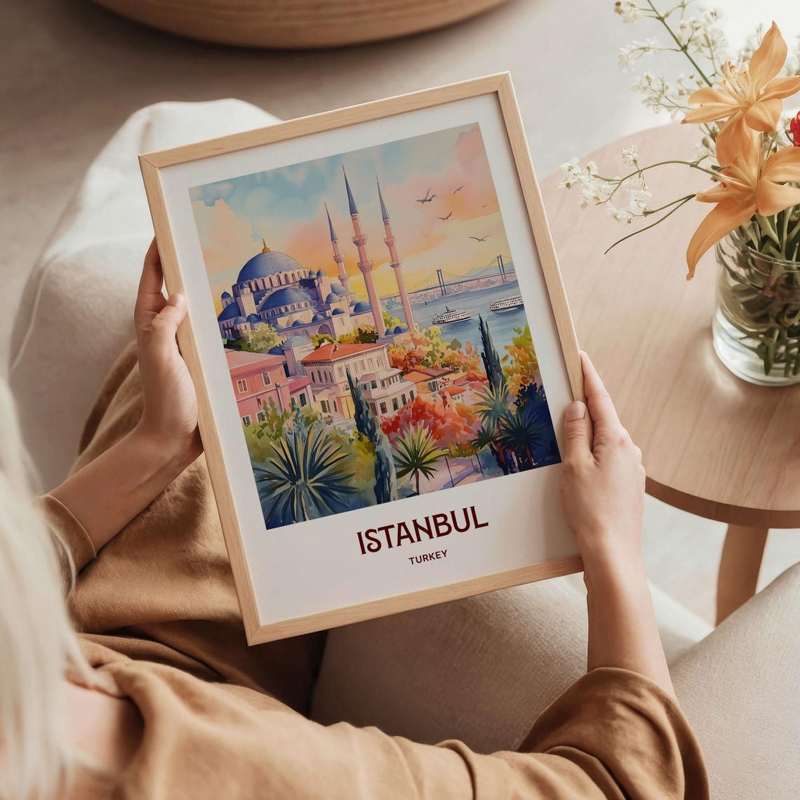 Istanbul Turkey Pastel Blue Mosque Bosphorus Watercolor Poster - Image 5