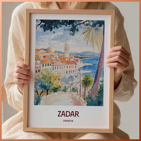 Zadar Croatia Watercolor Coastal Old Town Harbor Travel Poster